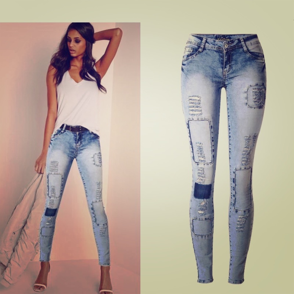 Faded stone wash patchwork high quality jeans